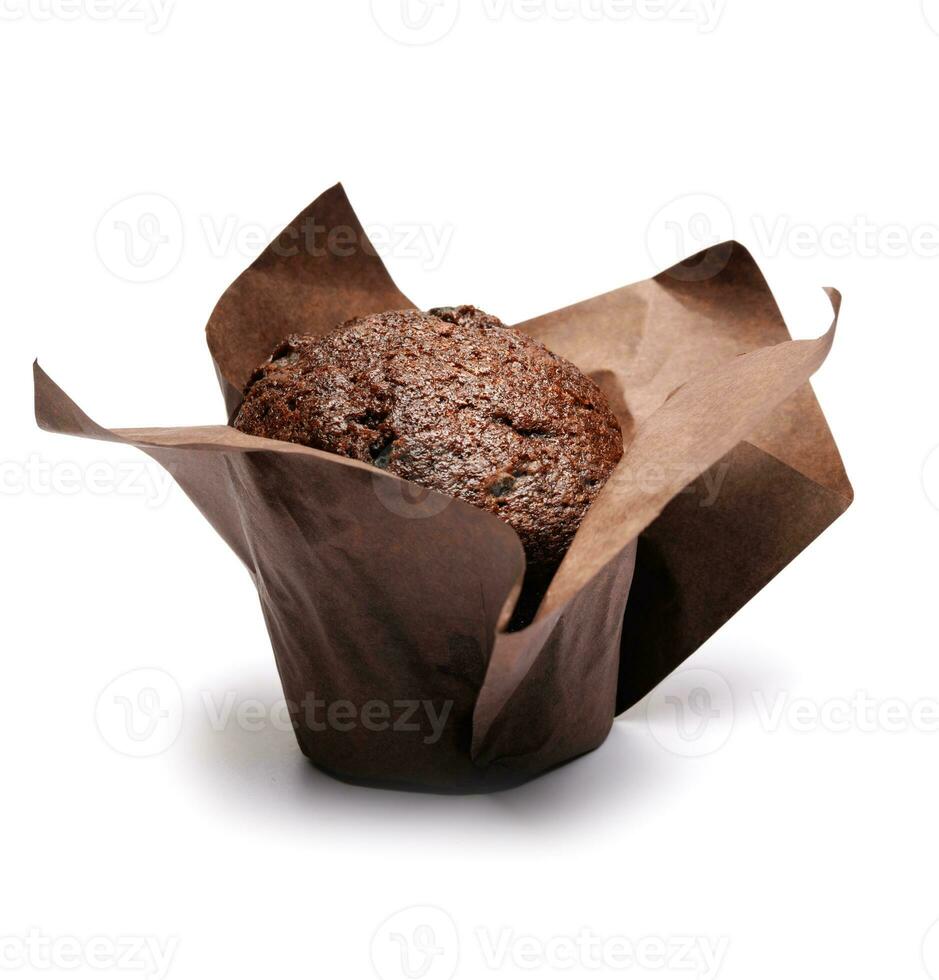 Chocolate muffin isolated on white background . Muffin with chocolate chips. photo