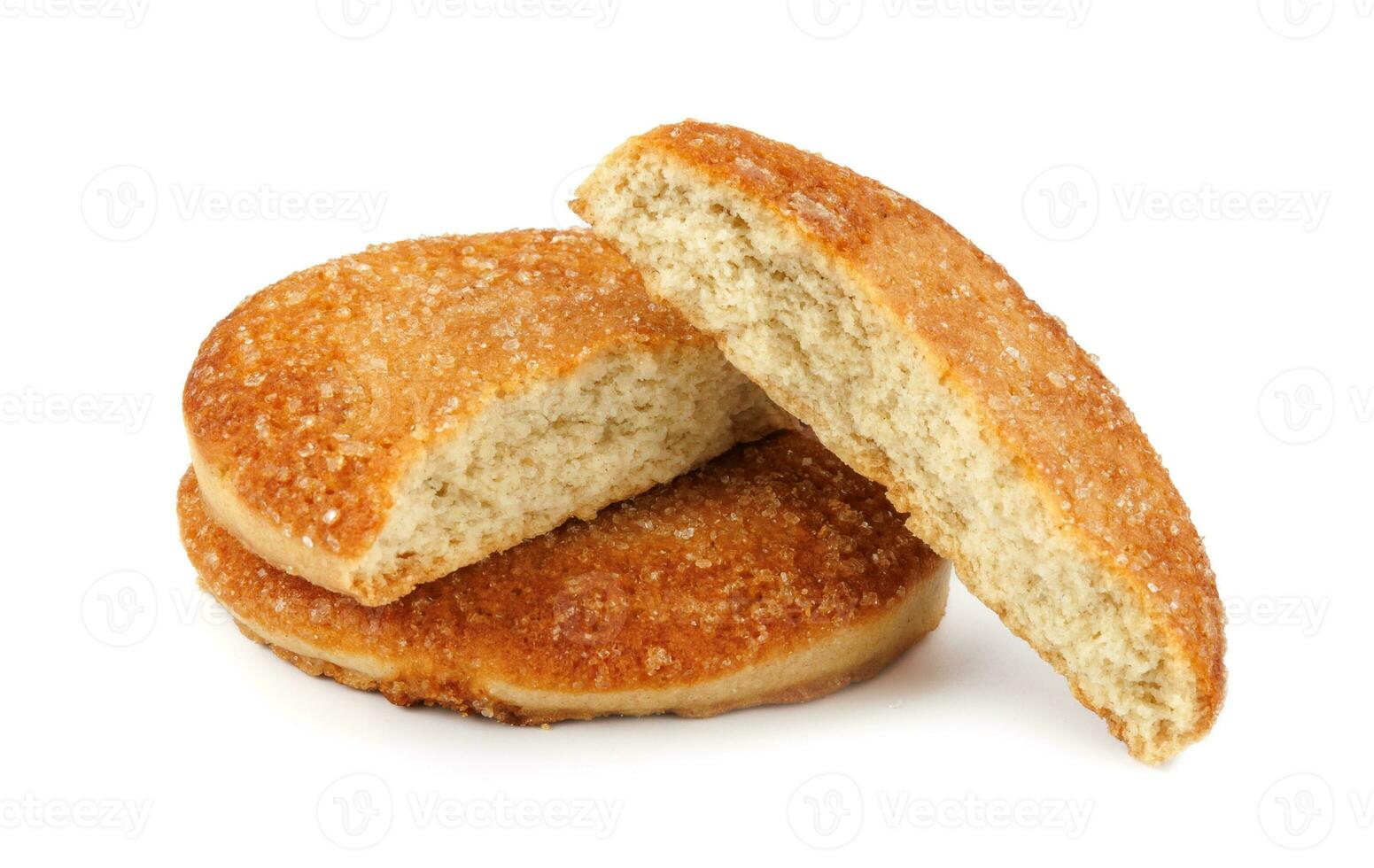 Beautiful round cookies isolated on a white background. Whole and broken cookies. photo