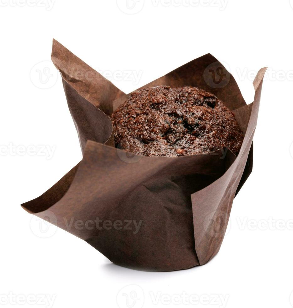 Chocolate muffin isolated on white background . Muffin with chocolate chips. photo