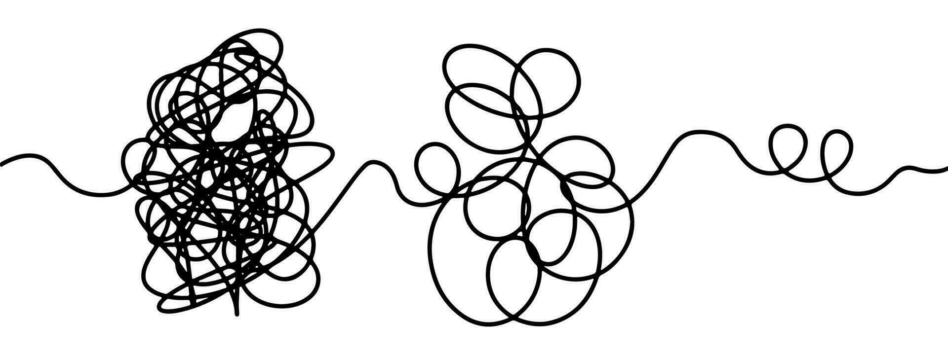 Set of messy clew symbols connected between them line of symbols with scribbled element. Concept of transition from complicated to simple. Vector illustration isolated on white background .