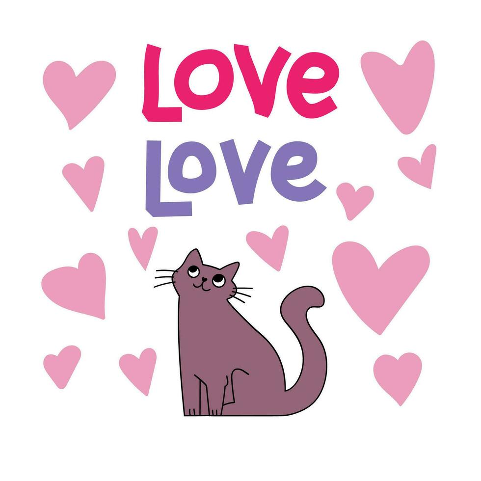 Cute and funny romantic cats for Valentine's day. Holiday inspiration. Cats with hears and romantic elements. vector