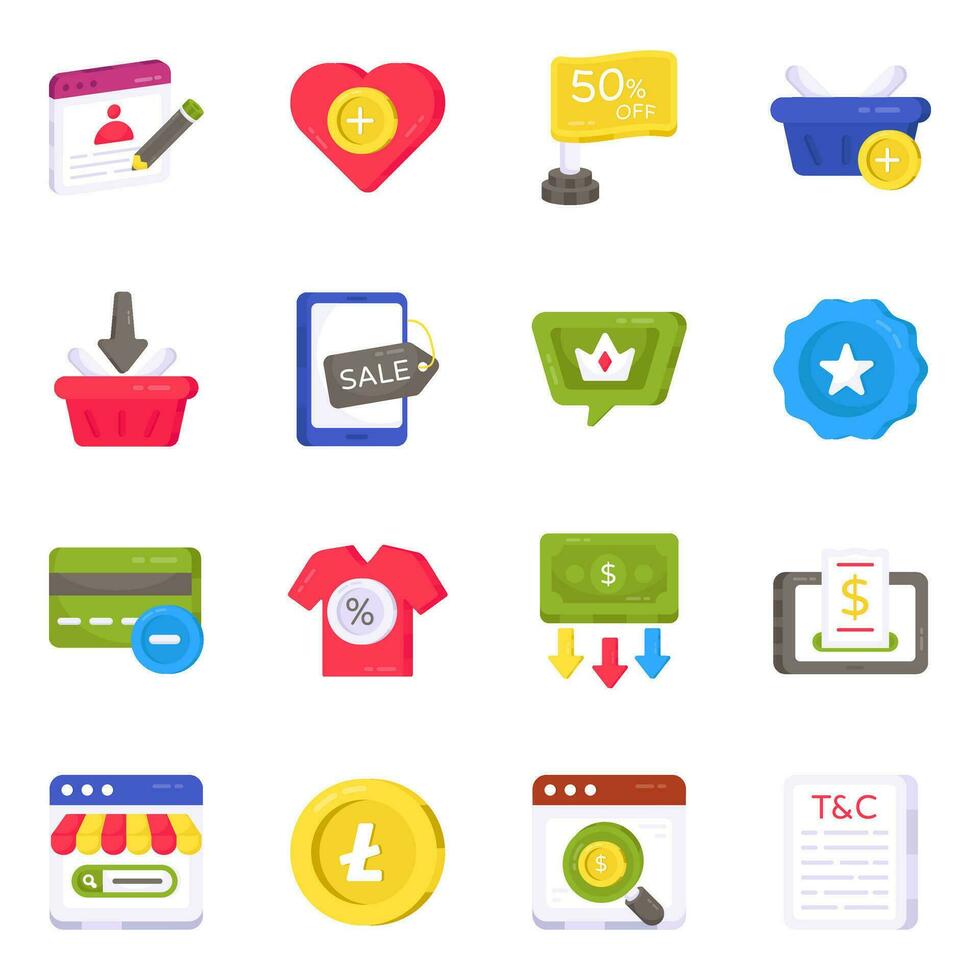 paquete de iconos planos de compras y compras vector