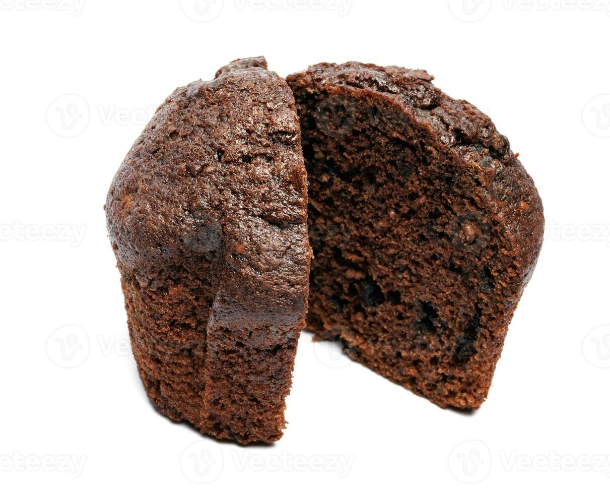 Chocolate muffin cut in half isolated on a white background. Chocolate chip muffin. photo
