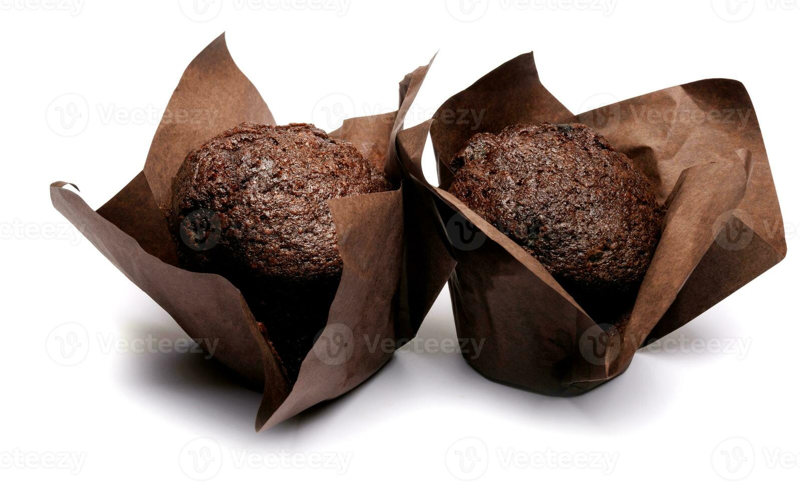 Two chocolate muffins isolated on a white background . Muffin with chocolate chips. photo