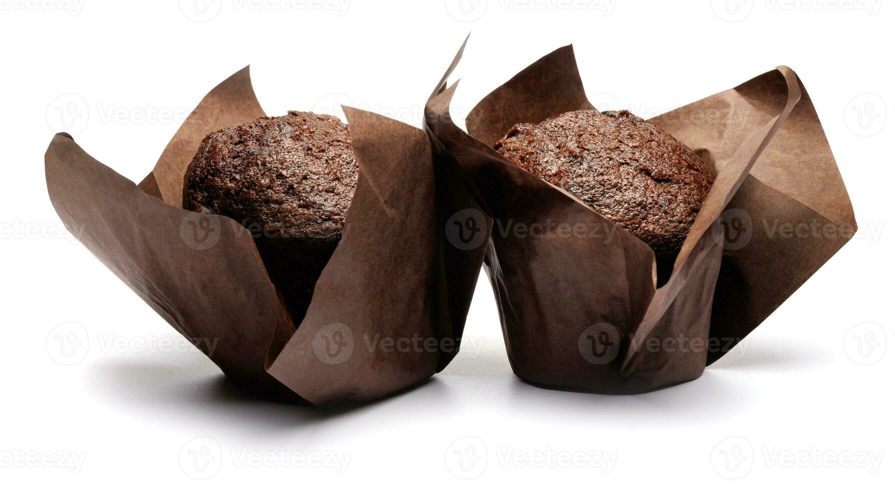 Two chocolate muffins isolated on a white background . Muffin with chocolate chips. photo