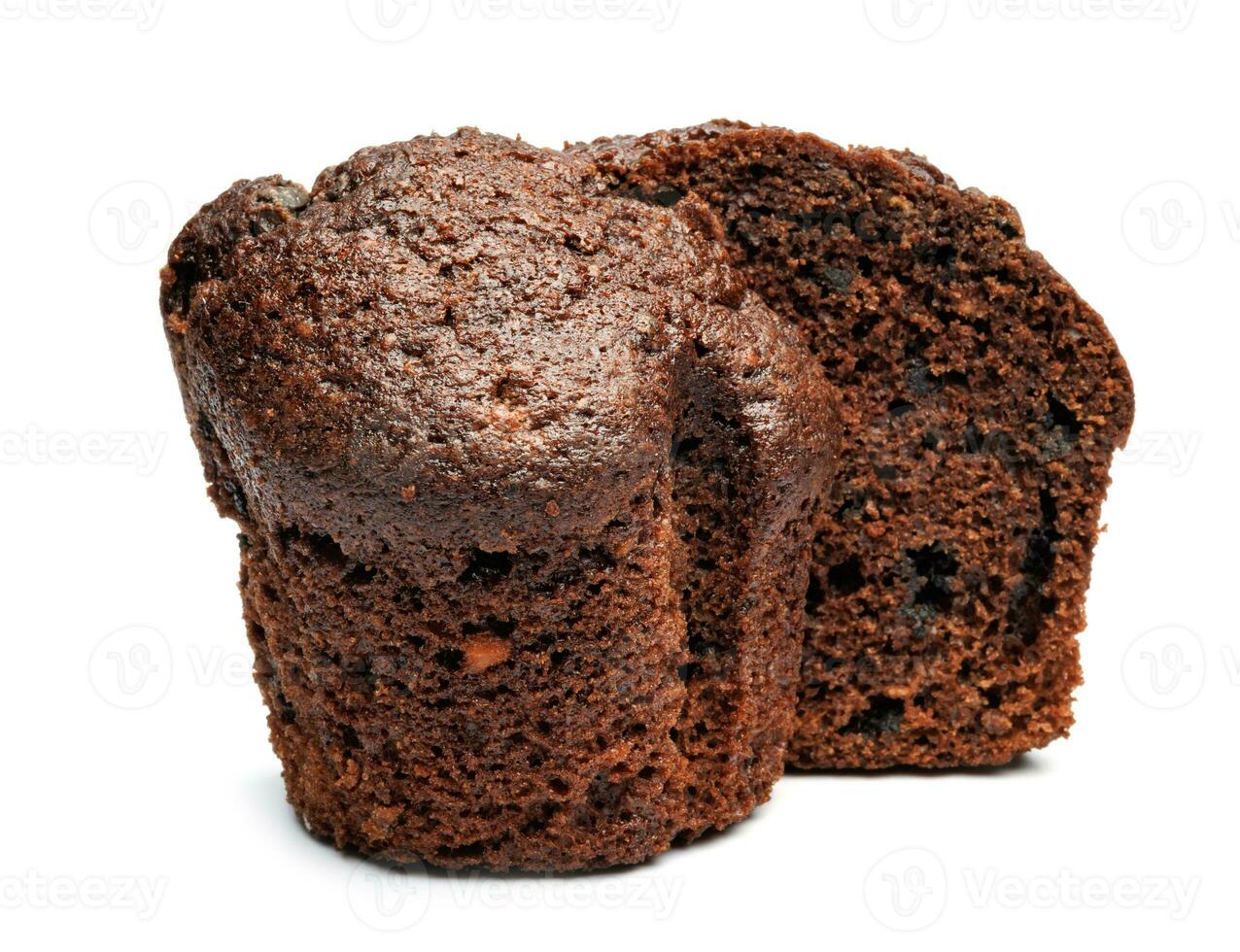 Chocolate muffin cut in half isolated on a white background. Chocolate chip muffin. photo