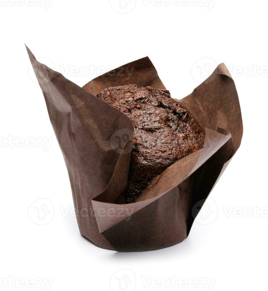 Chocolate muffin isolated on white background . Muffin with chocolate chips. photo