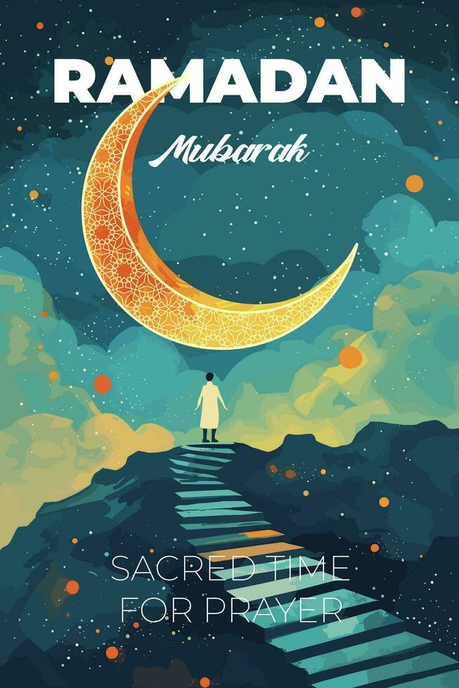 Islamic holy month Ramadan Kareem poster. Muslim believer prays on mountain with stairs under golden crescent. Eid Mubarak holiday placard. Islam celebration modern trendy art typography eps concept vector