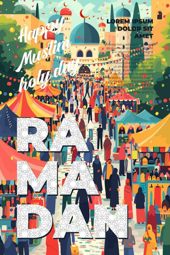 Islamic holy month Ramadan Kareem poster. Decorated Arab street with bazaar and mosque with crescents. Eid Mubarak Muslim holiday placard. Islam celebration modern trendy art typography vector concept