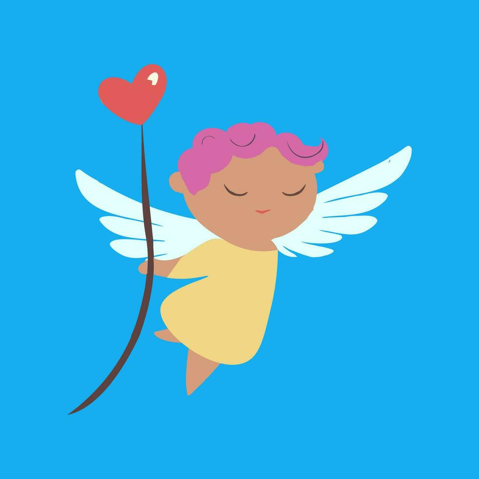 Cupido con un corazón. vector ilustración en plano estilo en un azul antecedentes.