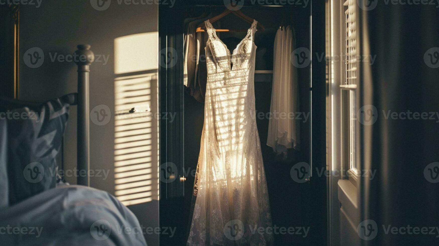 AI Generated Polaroid style wedding dress in open closet in the rays of the rising sun in the bedroom, soft focus photo