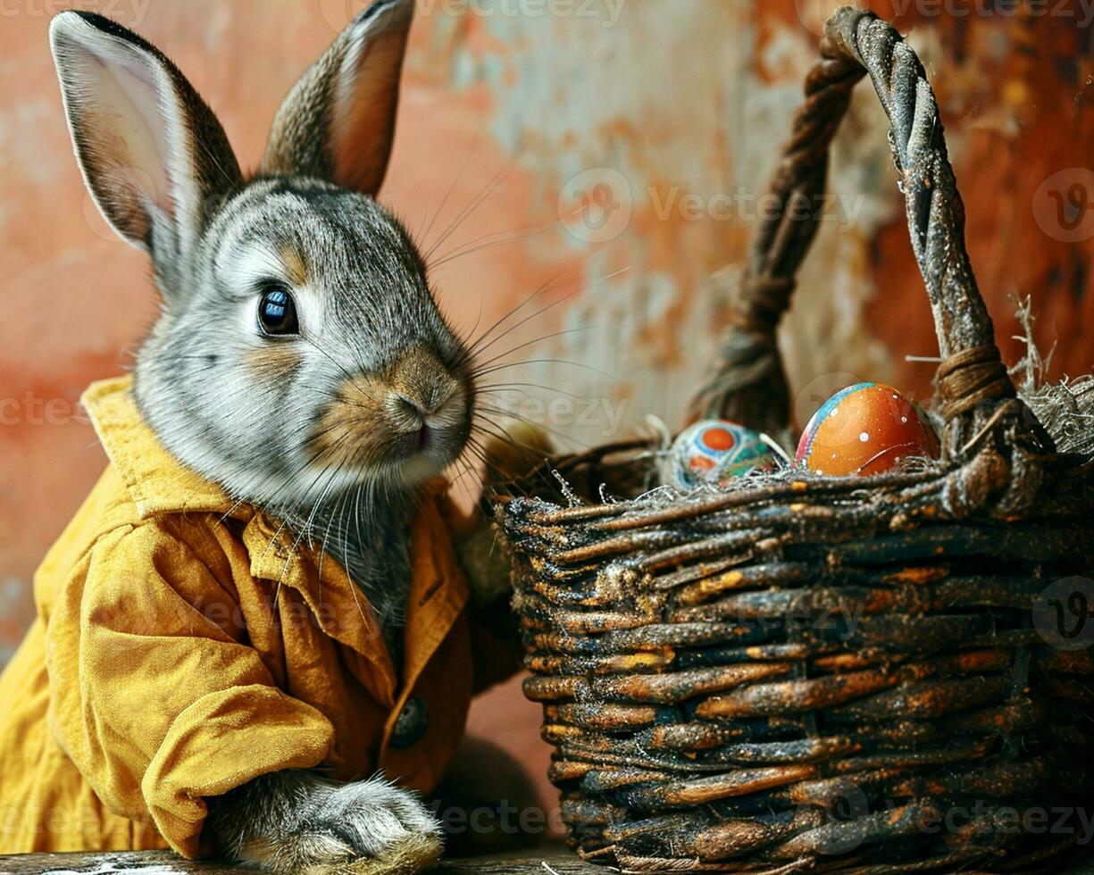 AI Generated A gray rabbit with a red nose in a yellow frock coat stands near a brown wicker basket with Easter eggs photo