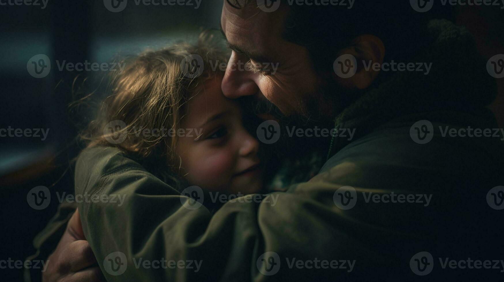 AI Generated A man with a beard and in a dark green jacket is holding a little girl in his arms, they are happy photo