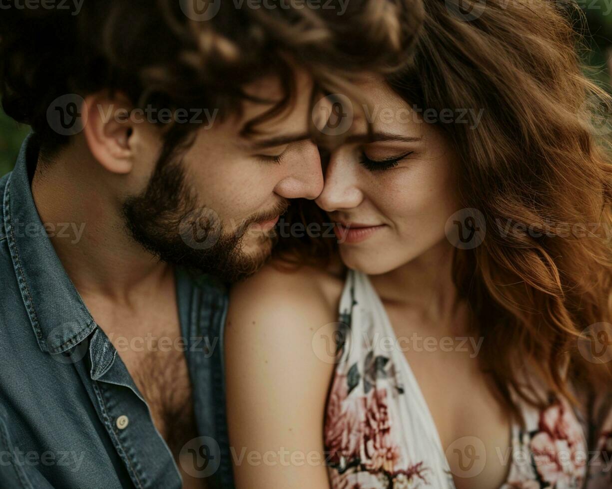AI Generated Close-up of a young man with fair skin, brown hair and beard hugging a girl with fair skin pancake brown hair in a summer sundress with open shoulders photo
