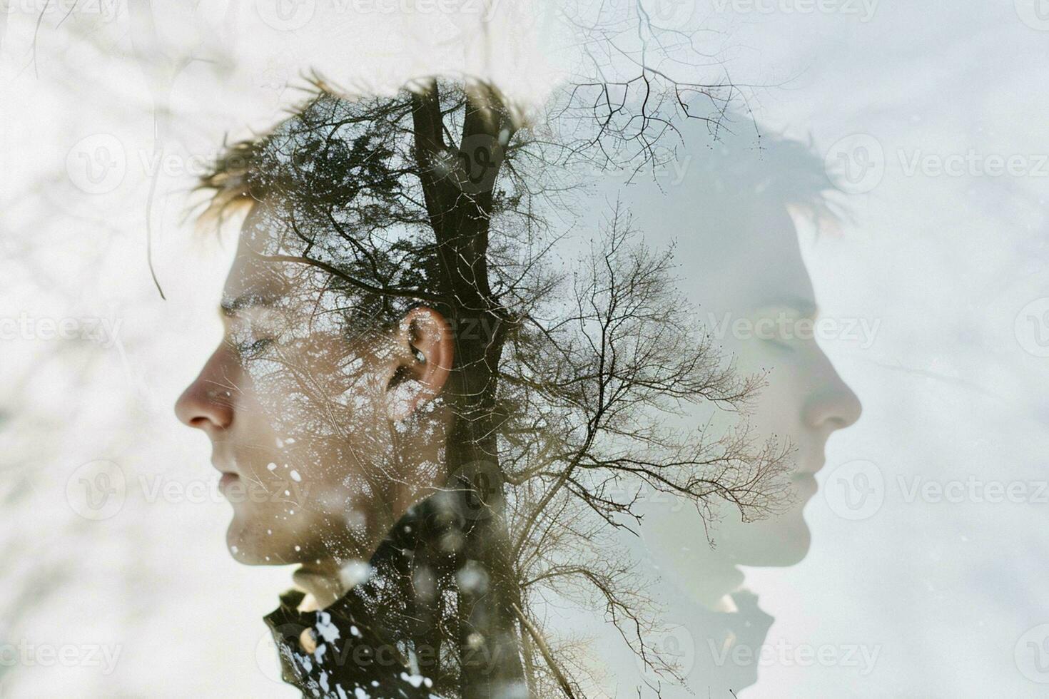 AI Generated Young man with closed eyes in double exposure style, calm and self-acceptance on background of winter trees without leaves photo