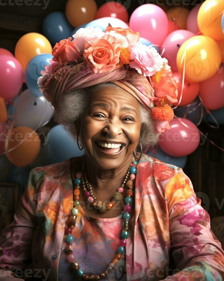 AI Generated Happy african american grandmother with flowers on her head and beads on her neck in a pink sweater with colorful balloons in the background, soft focus and close-up photo