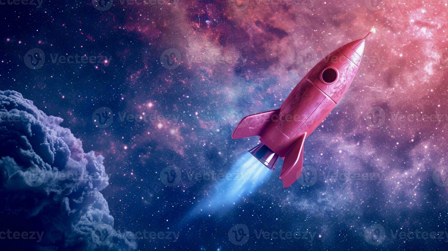 ai generado rosado cohete volador en espacio foto