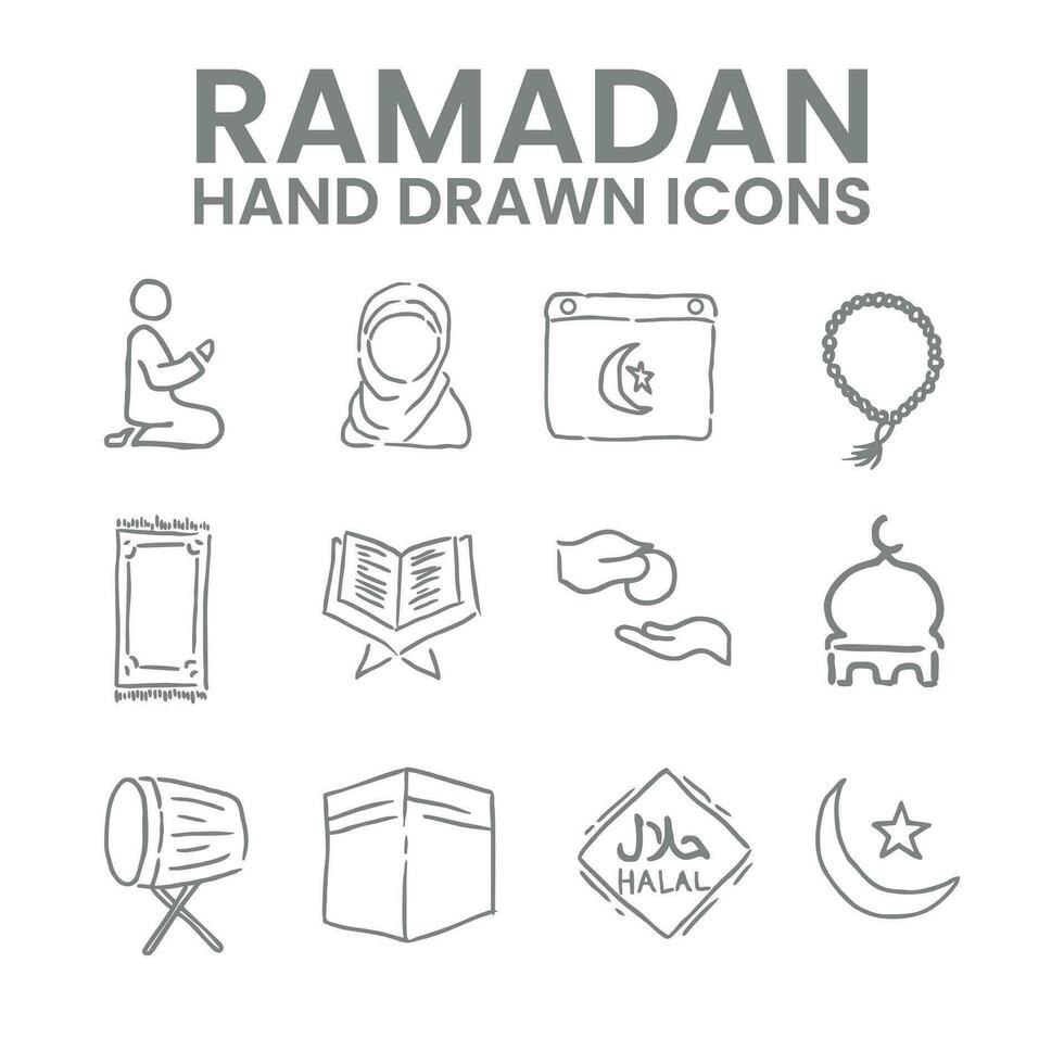 set of ramadan hand drawn icons vector