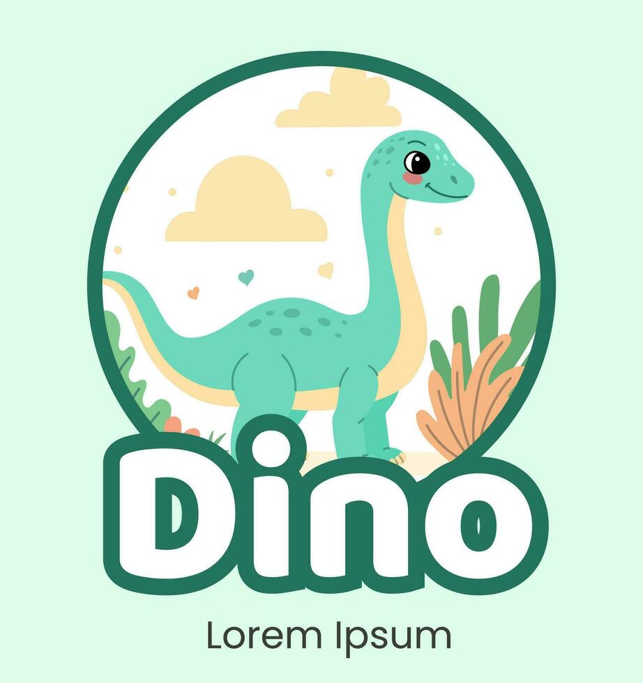 Cute logo dinosaur brontosaurus flat illustration of cheerful up historical character vector