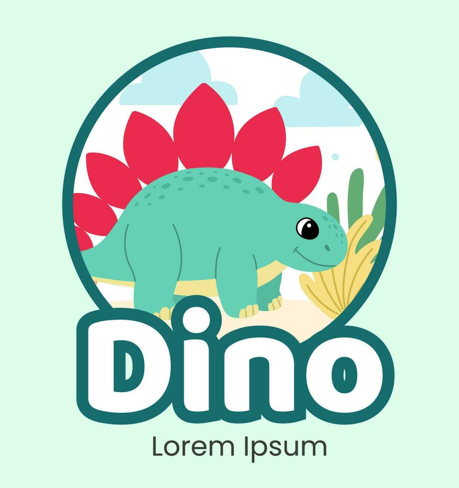 Cute logo dinosaur stegosaurus flat illustration of cheerful up historical character vector