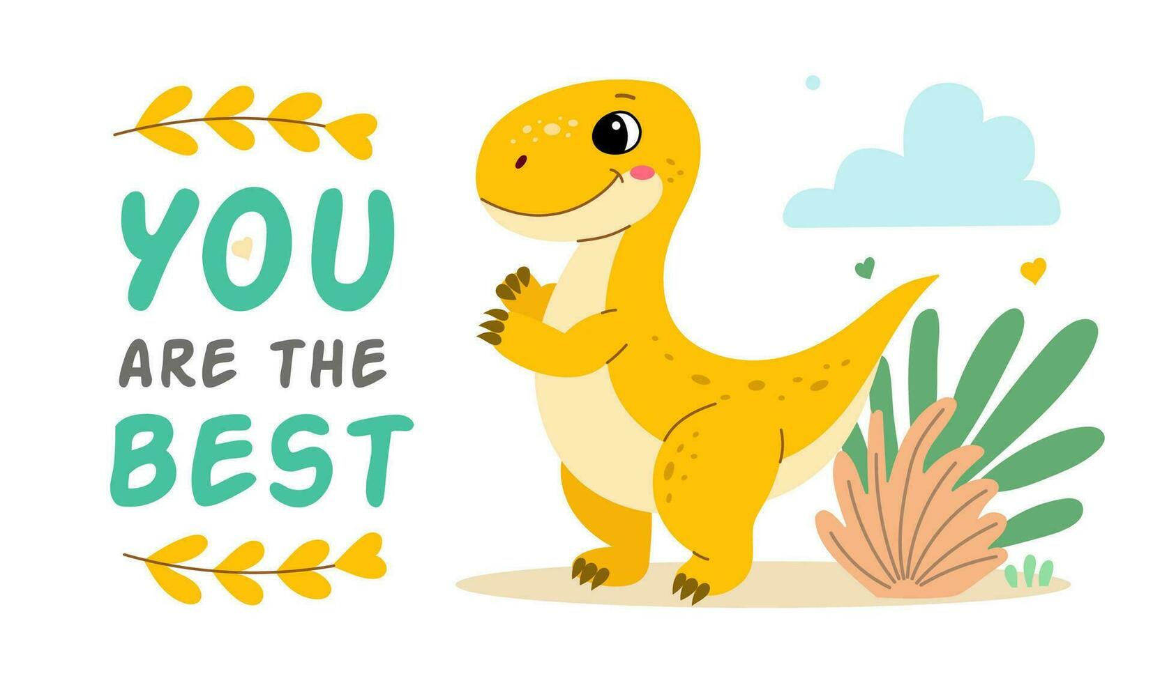 Cute dinosaur tyrannosaurus flat illustration of a cheerful up historical character. You are the best. vector