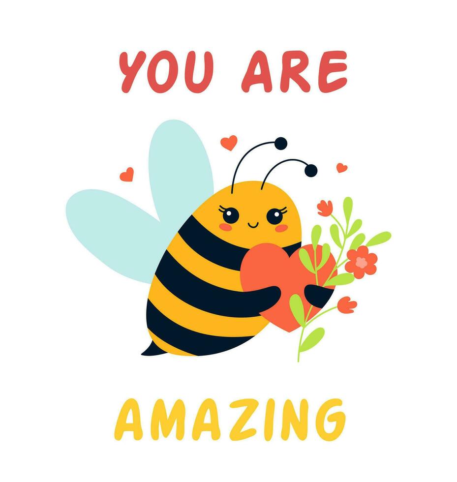 Cute insect bee with lettering you are amazing, cartoon character vector illustration