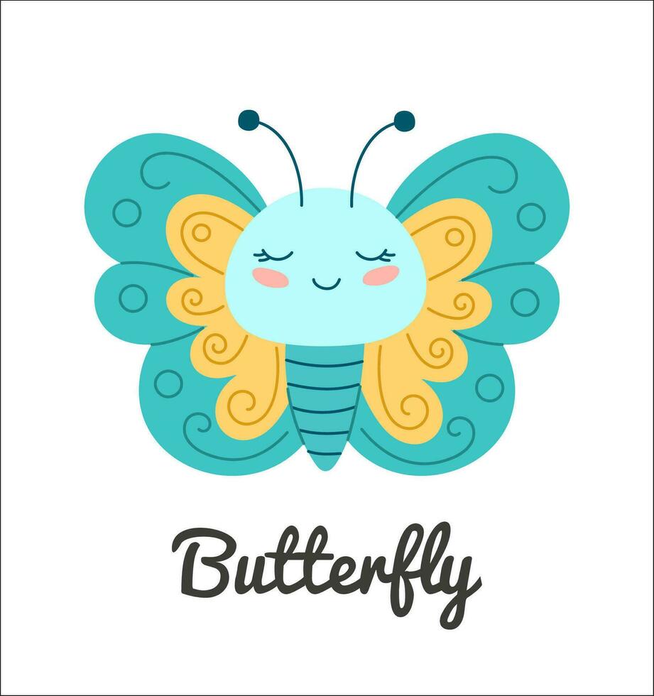 Cute butterfly insect, cartoon character vector illustration