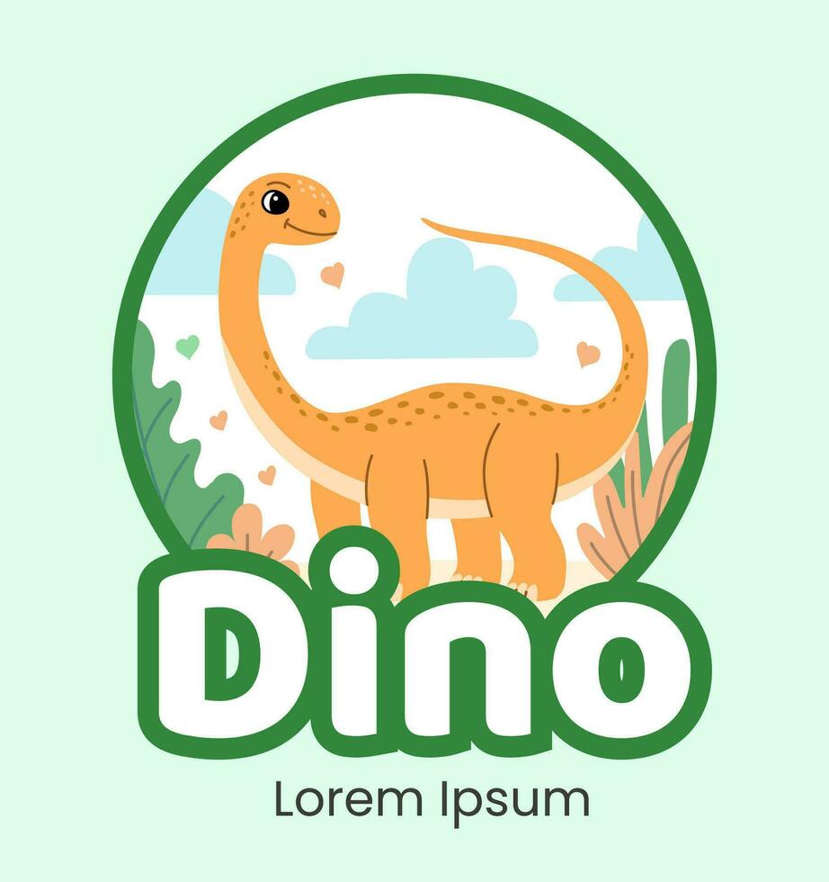 Cute logo dinosaur diplodocus flat illustration of cheerful up historical character vector