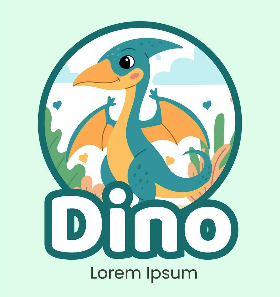 Cute logo dinosaur pterodactyl flat illustration of cheerful up historical character. vector