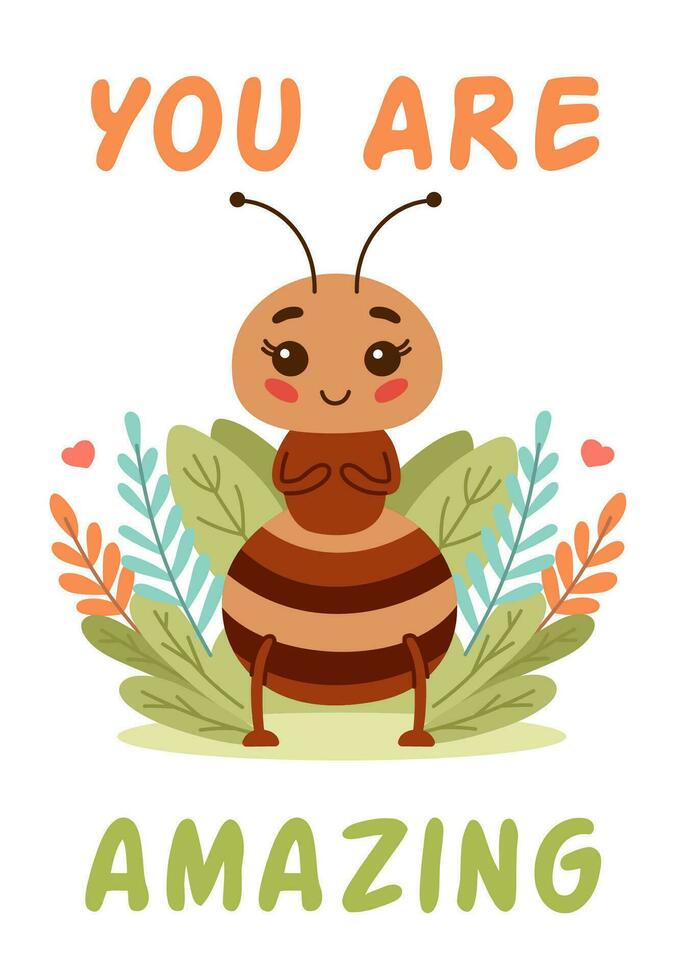 Cute cartoon ant insect, vector illustration for children book, lettering You are amazing.