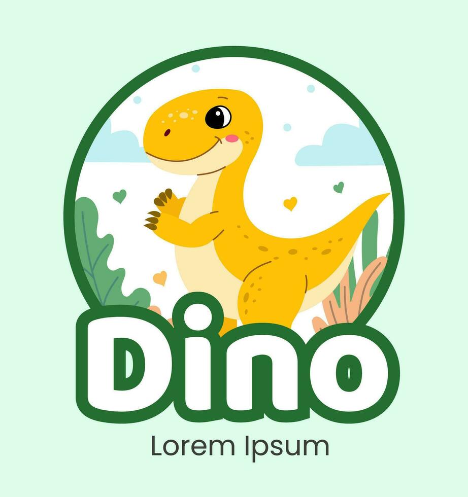 Cute dinosaur logo tyrannosaurus flat illustration of cheerful up historical character vector