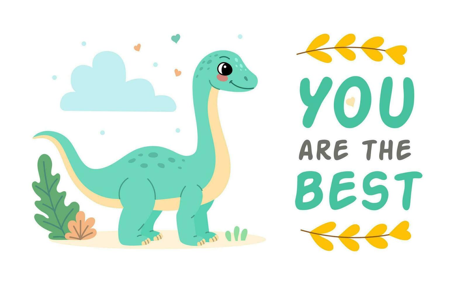 Cute dinosaur brontosaurus flat illustration of cheerful prehistoric character. You are the best. vector