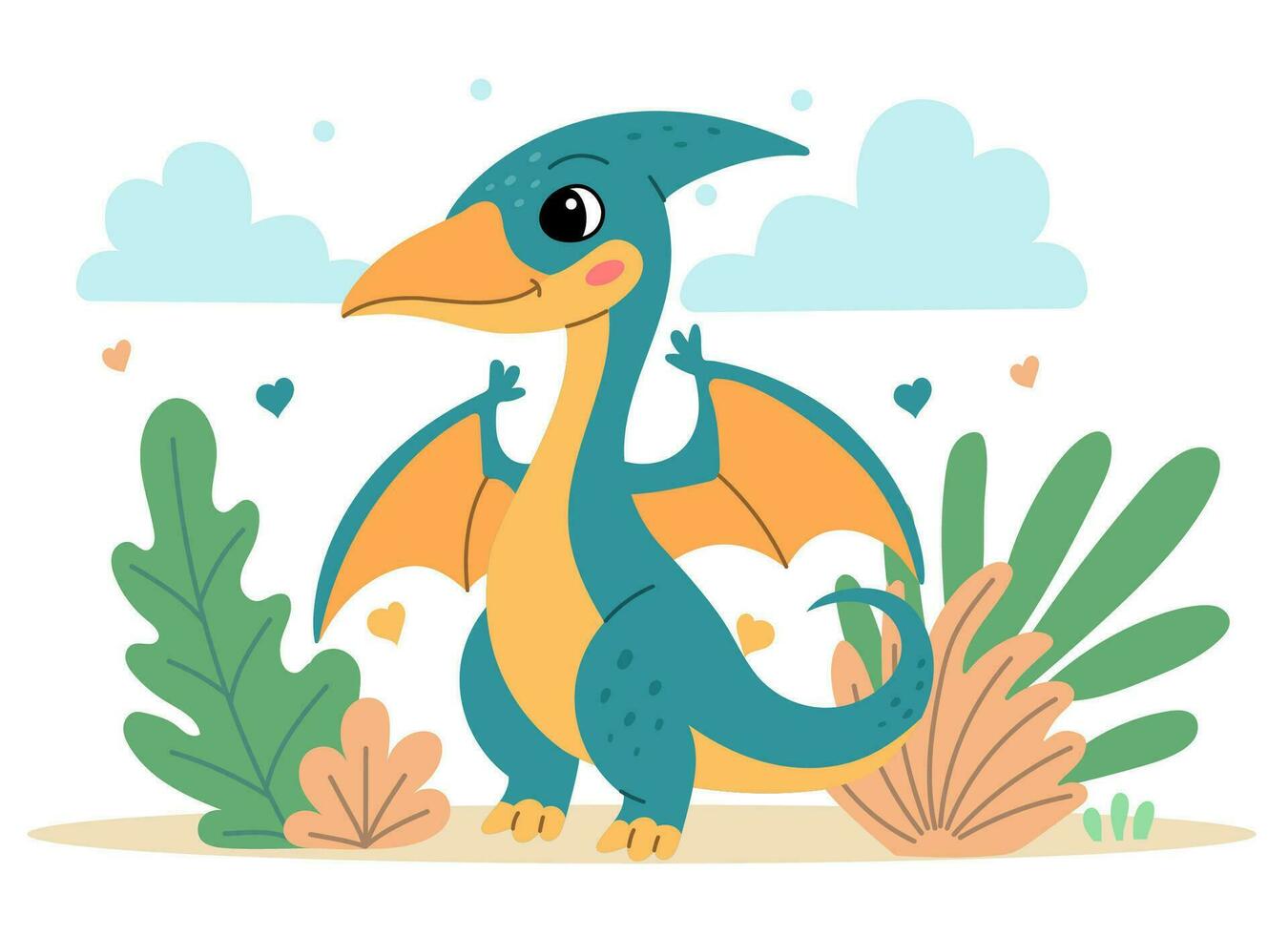 Cute dinosaur pterodactyl flat illustration of a cheerful up historical character vector