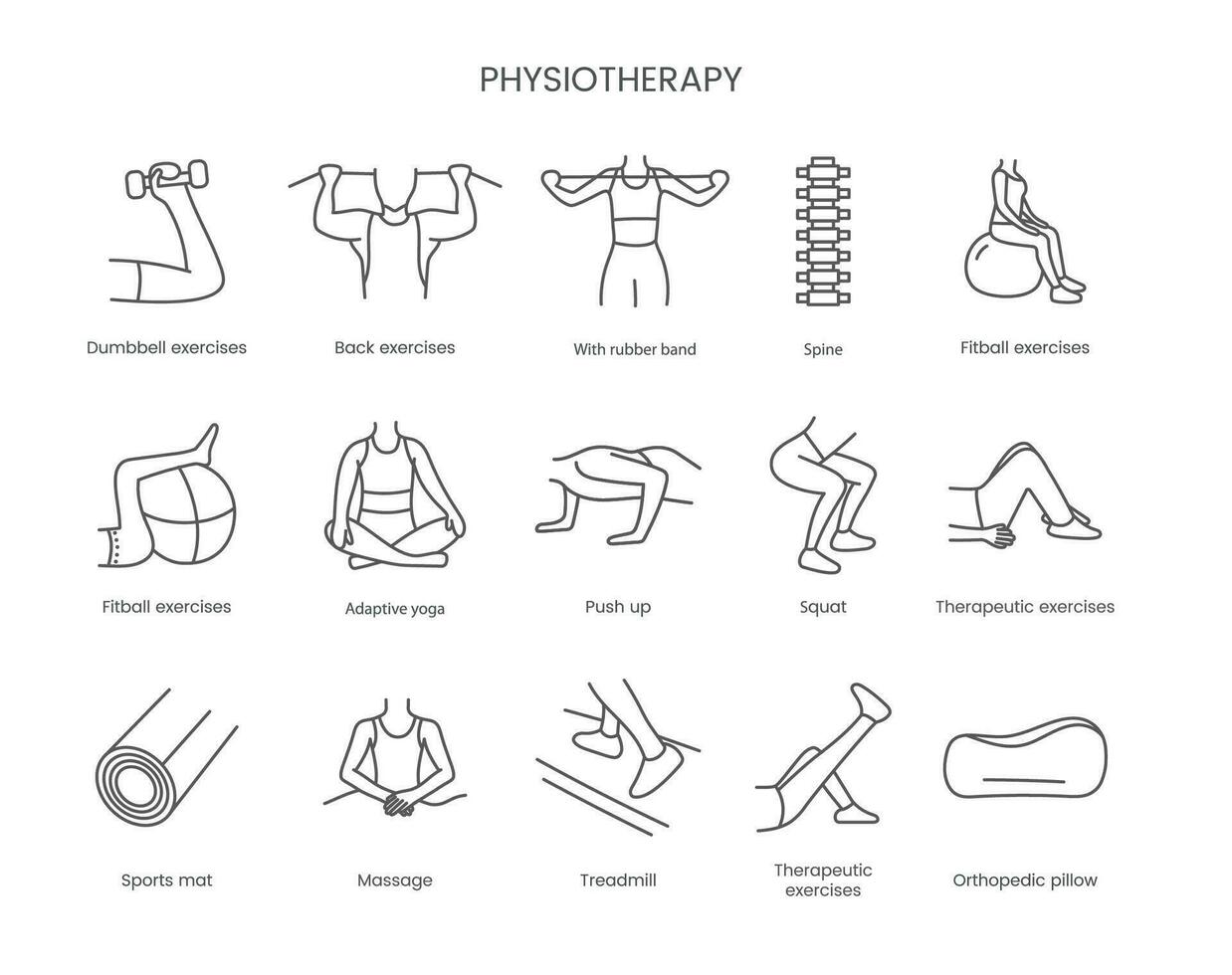 conjunto de íconos fisioterapia, pesa ejercicios, espalda ejercicios, con caucho banda, espina y fitball ejercicios, adaptado yoga, empujar arriba y ponerse en cuclillas, terapéutico ejercicios. lineal vector ilustración