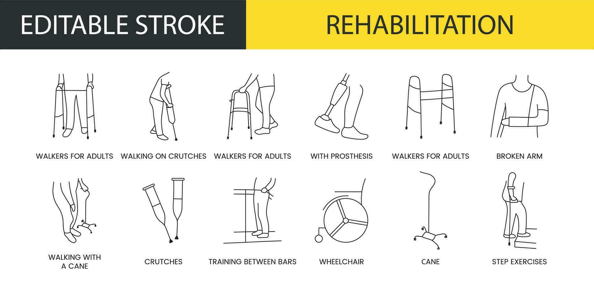 rehabilitación en médico clínica conjunto de línea íconos en vector, ilustración caminantes para adultos y caminando en muletas, roto brazo y con prótesis, muletas y silla de ruedas. vector