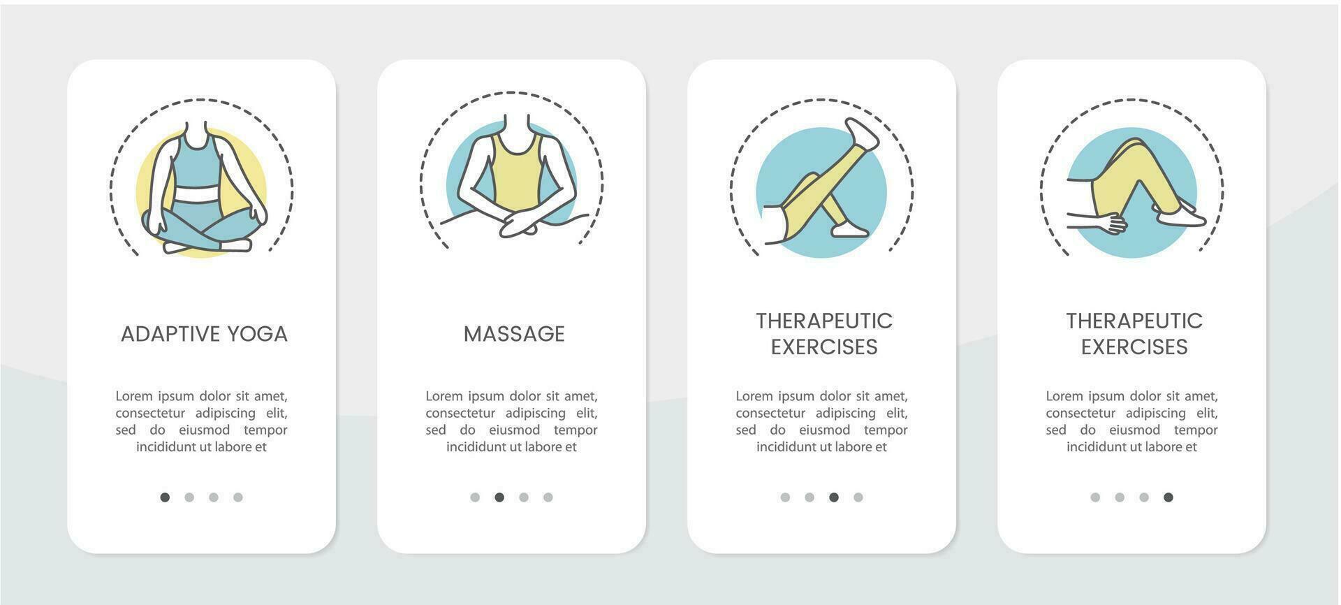 Design of the physiotherapy application with illustrations of exercises and massage. Vector linear icons