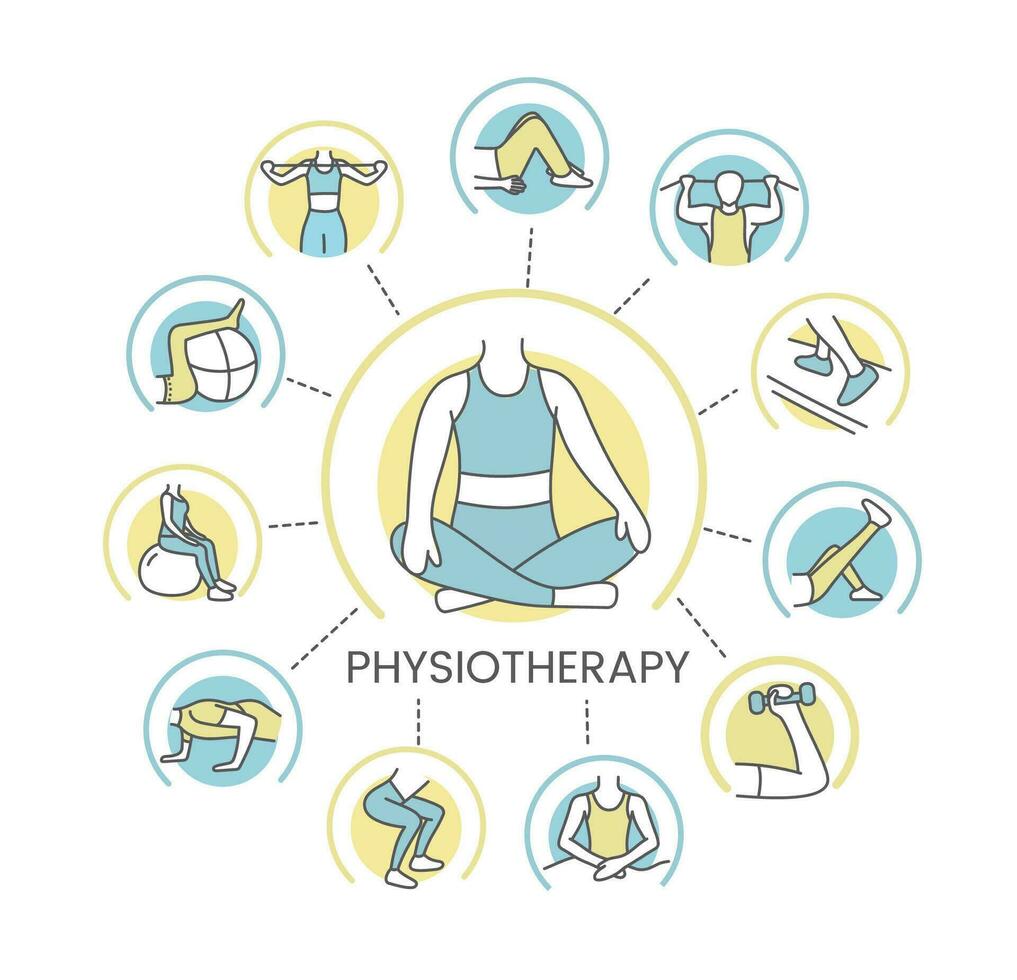 Mock physiotherapy with icons around a person. The icons depict physical exercises with dumbbells and a fitball, vector linear illustration