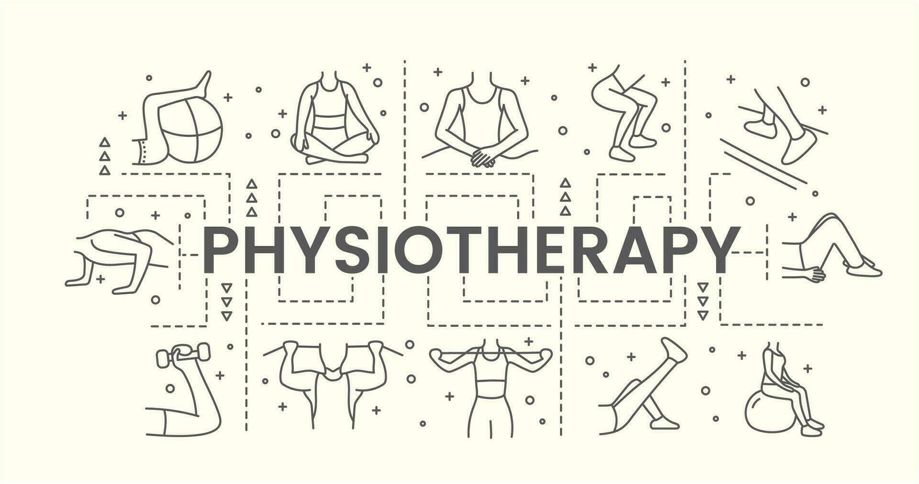 Web banner physiotherapy with illustrations of massage and various physical exercises on the fitball, with dumbbells, vector linear graphics.