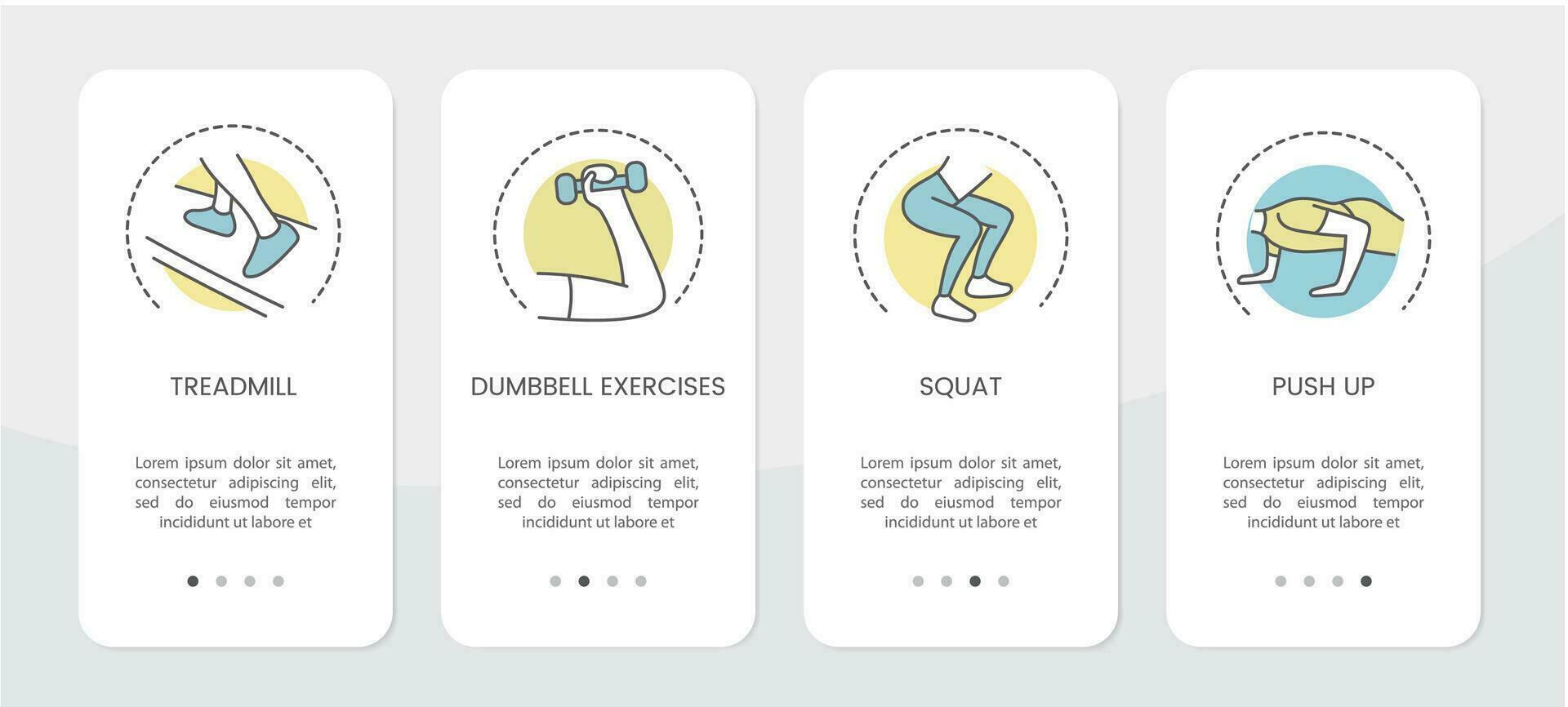 Vector design for physiotherapy applications using icons of physical exercises with dumbbells, on a treadmill and push-ups from the floor.