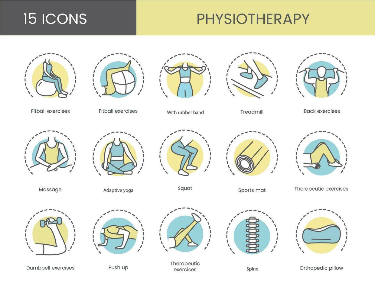 Linear vector icons of physiotherapy which depict exercises with fitball and dumbbells