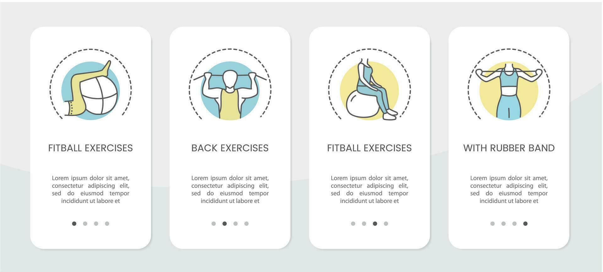 Design for an application with vector illustrations of physical exercises, fitball classes and with a rubber band.