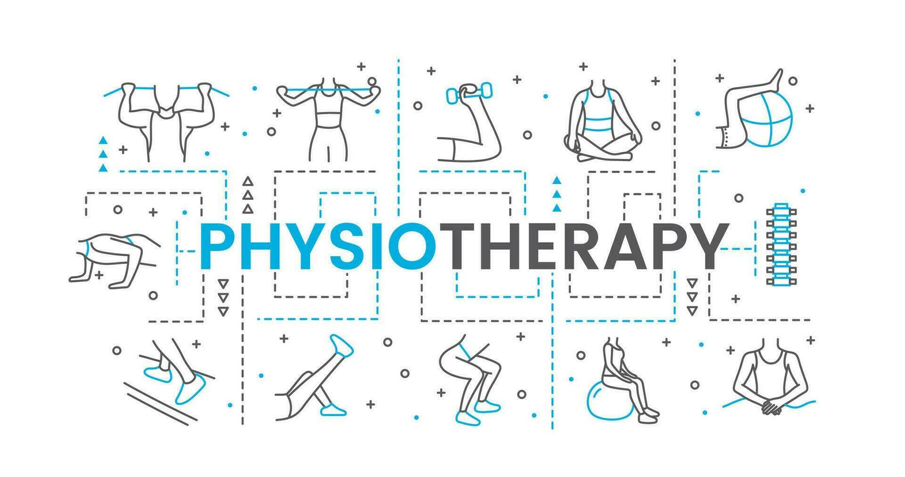 Web banner with physiotherapy icons in black and blue colors. Illustration with spine, orthopedic pillow and people who exercise. vector