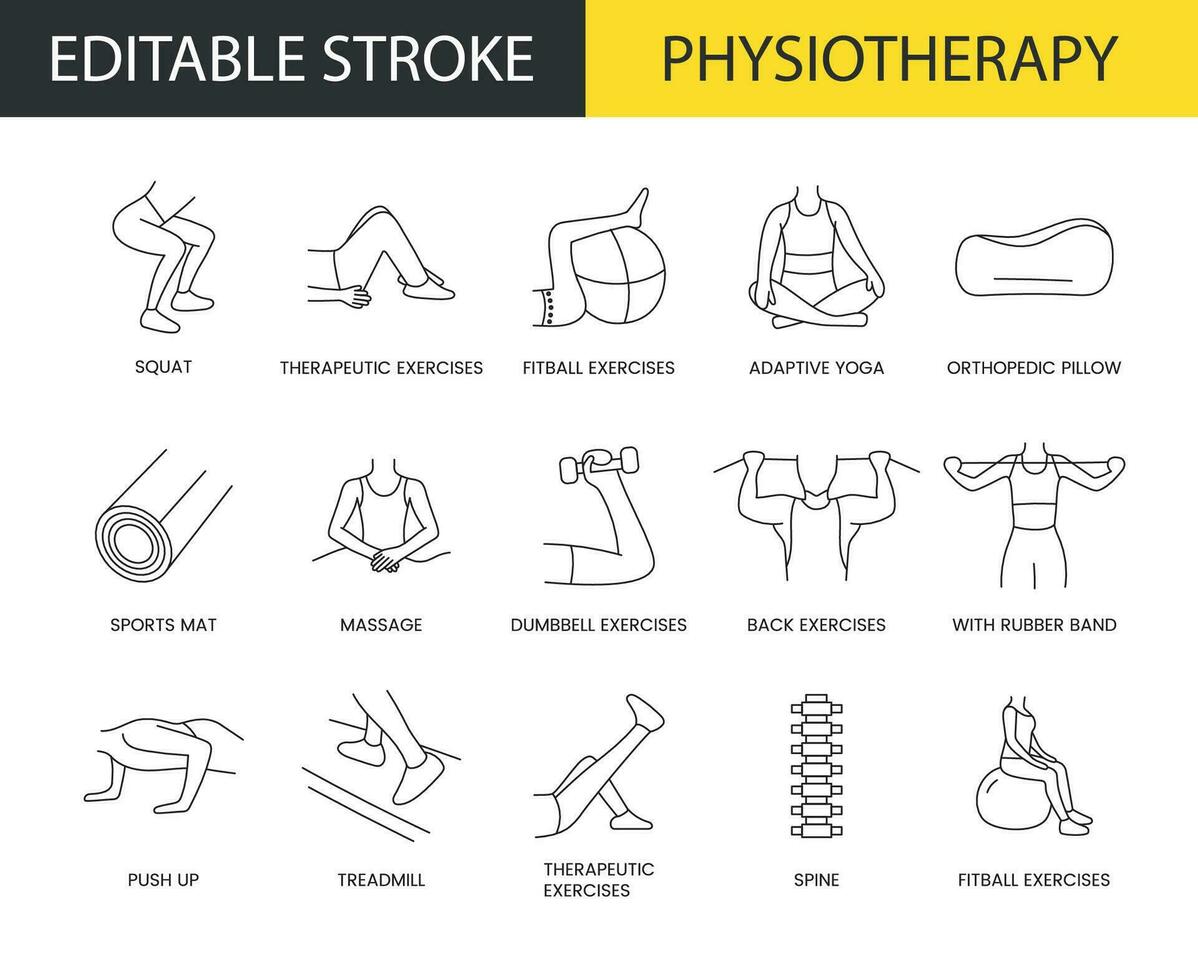 fisioterapia línea icono conjunto en vector, ponerse en cuclillas y terapéutico ejercicios, adaptado yoga y fitball, ortopédico almohada. editable ataque, usted lata cambio el anchura y color de el ataque. vector