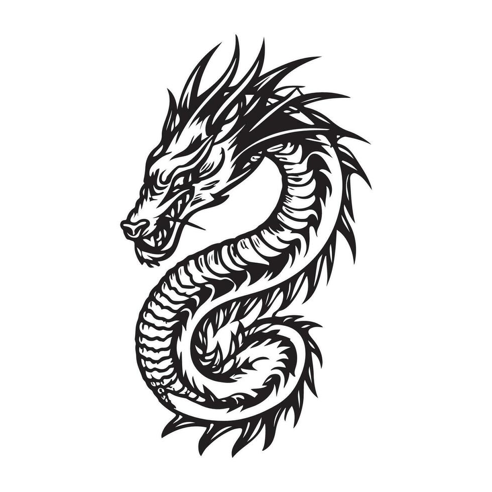 AI generated Dragon Black Outline Vector, Dragon tattoo vector