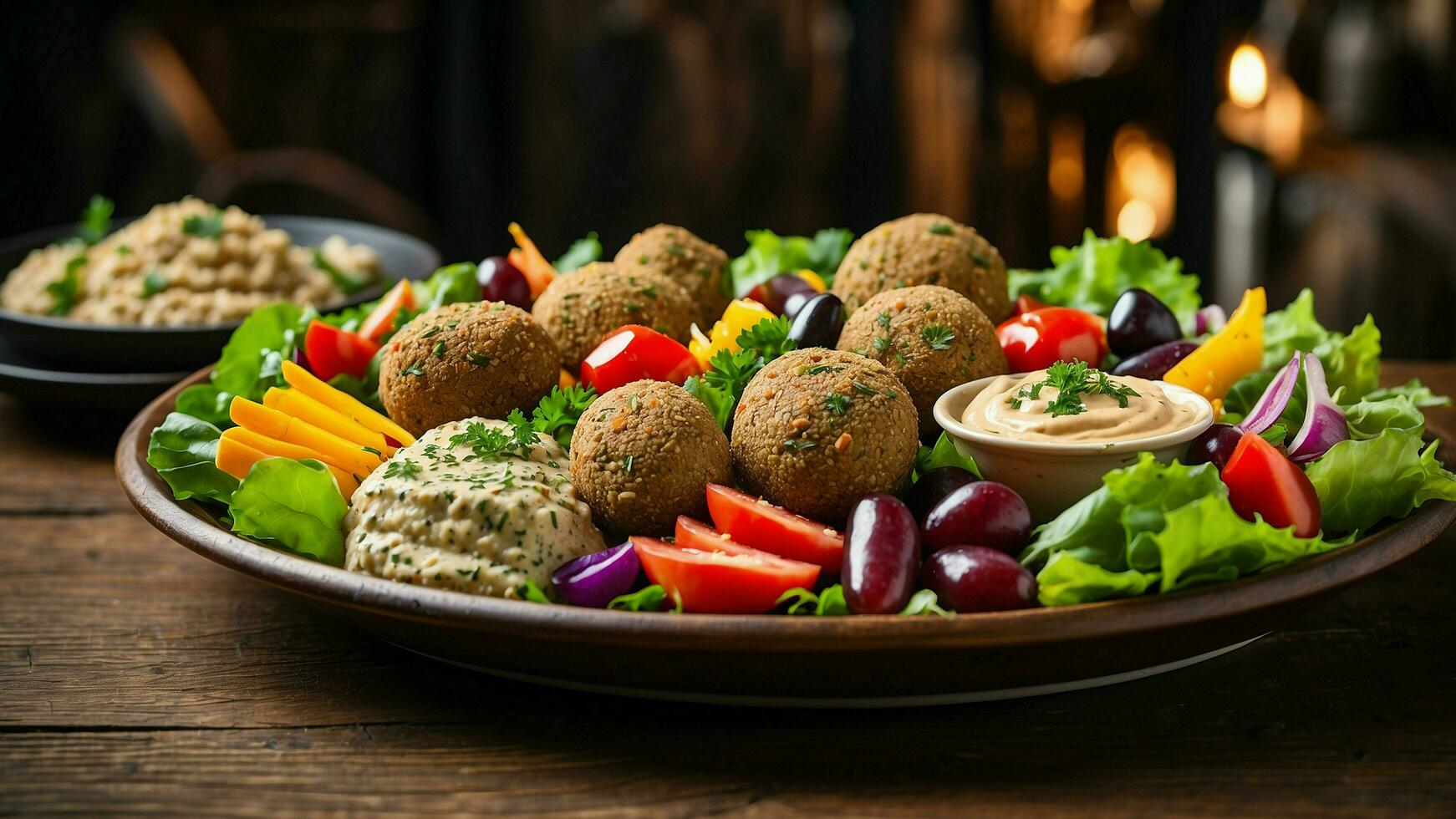 AI generated a minimalistic yet elegant vegetarian plate against the backdrop of a dark wooden table in a contemporary restaurant photo