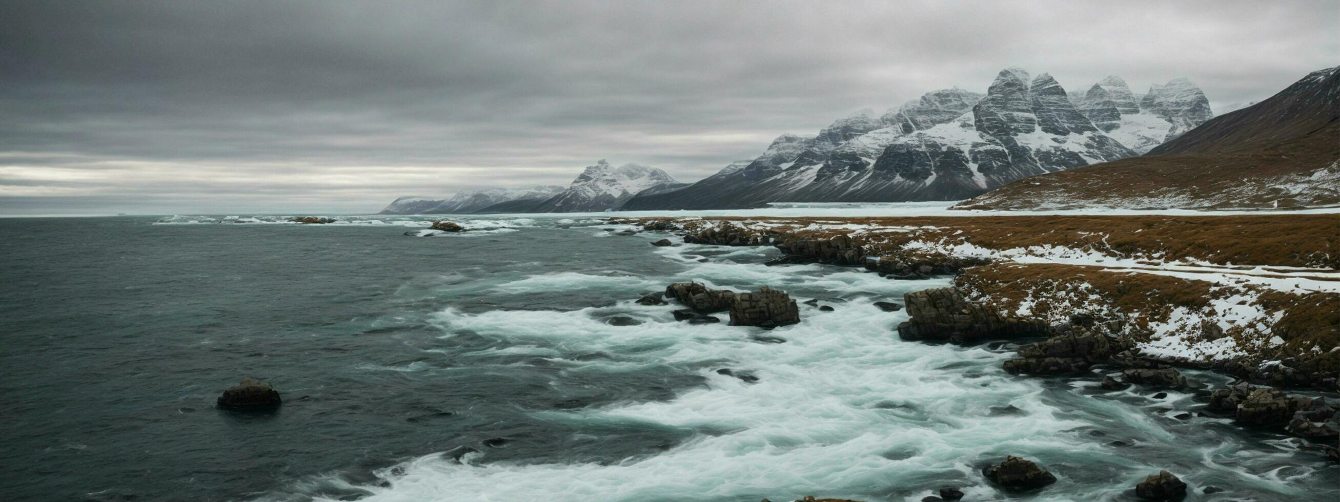 AI generated banner winter nature the meeting point of icy waters and snowy landscapes let the panorama tell a story of nature's resilience in the face of the cold. photo