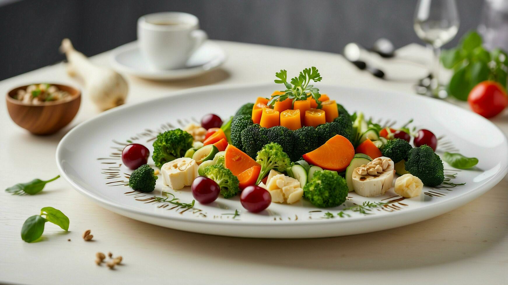 ai generado el elegancia de vegetariano cocina por fotografiando un bien equilibrado verduras comida plato en un limpio, blanco de madera mesa en un restaurante foto