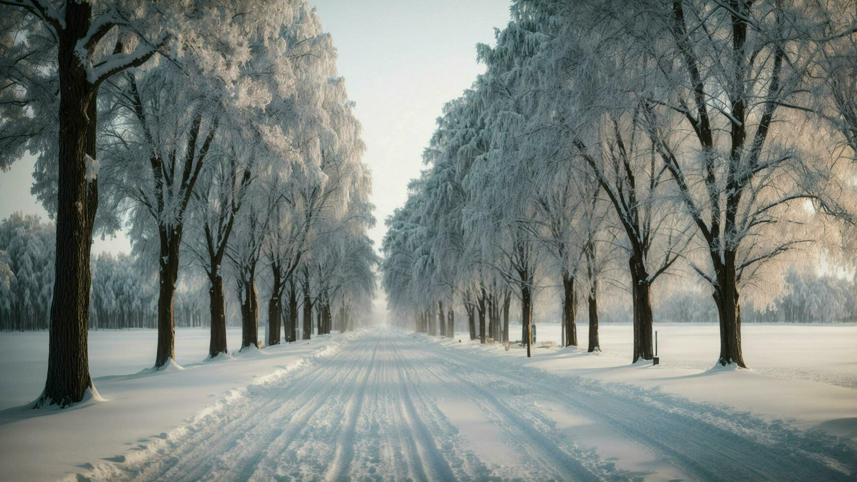 AI generated Showcase a picturesque winter avenue, with trees lining a snowy path. The trees should be adorned with a delicate frost, creating a dreamy and inviting scene. photo