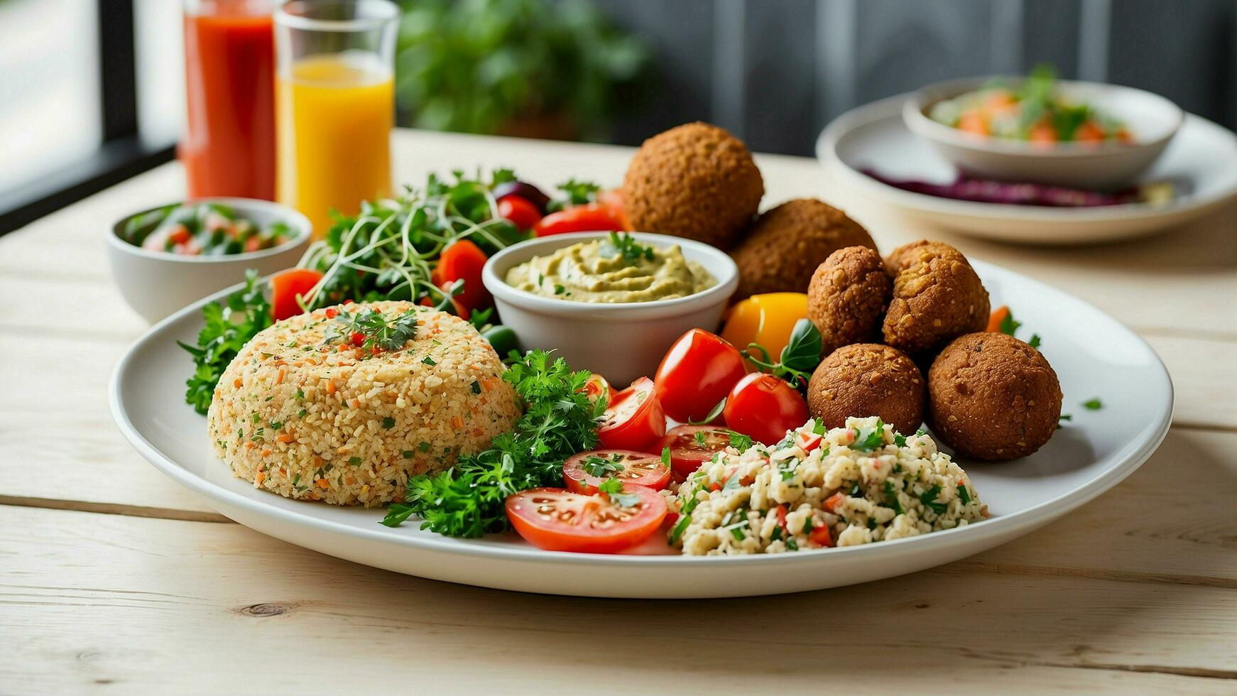 AI generated a photo of a veg food plate on a white wooden table in a restaurant setting vibrant Mediterranean flavors with dishes like falafel, hummus, tabbouleh, and grilled vegetables