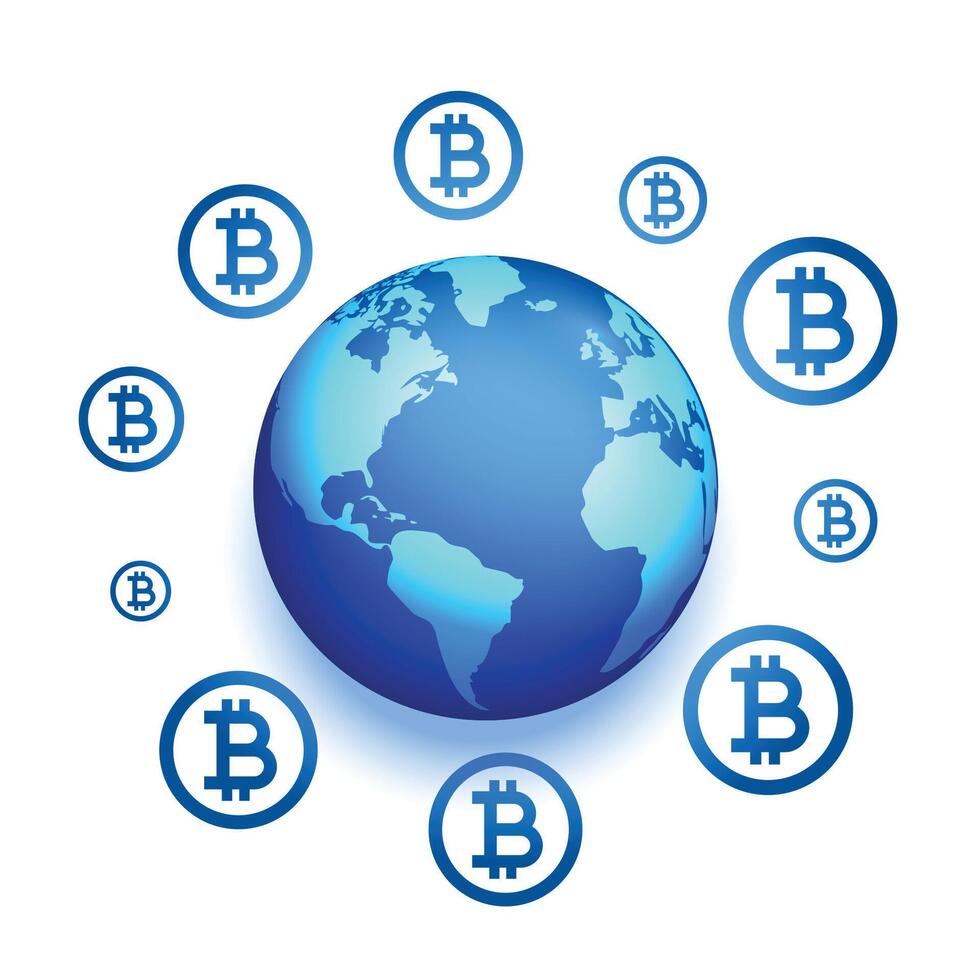 global bitcoin network presence concept background with earth vector